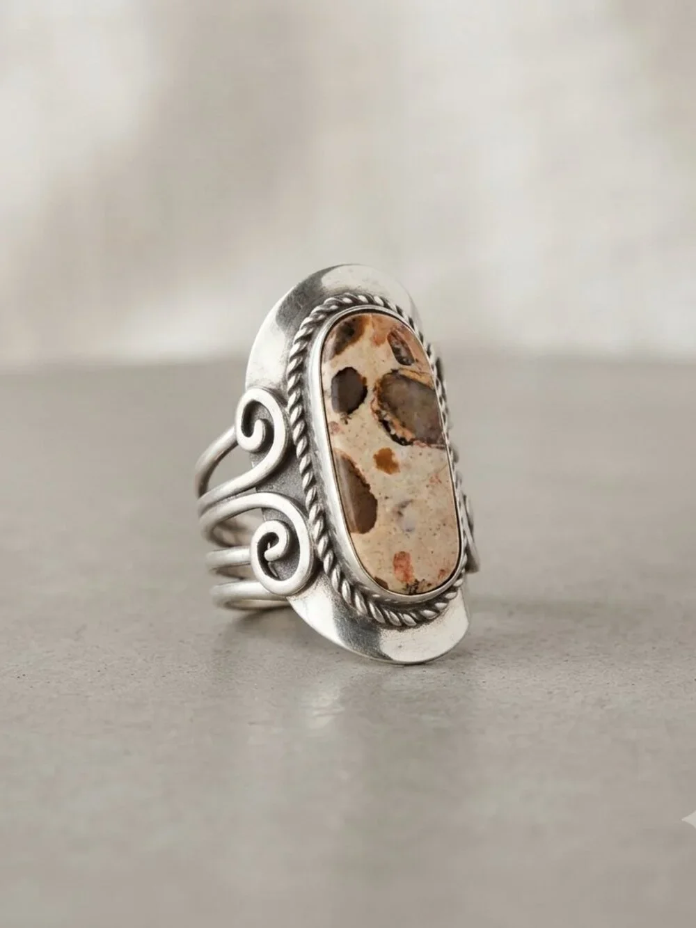 Artisan Silver & Earth-Tone Swirl Statement Ring Adjustable Boho-Luxe Band - Picture 1 of 10